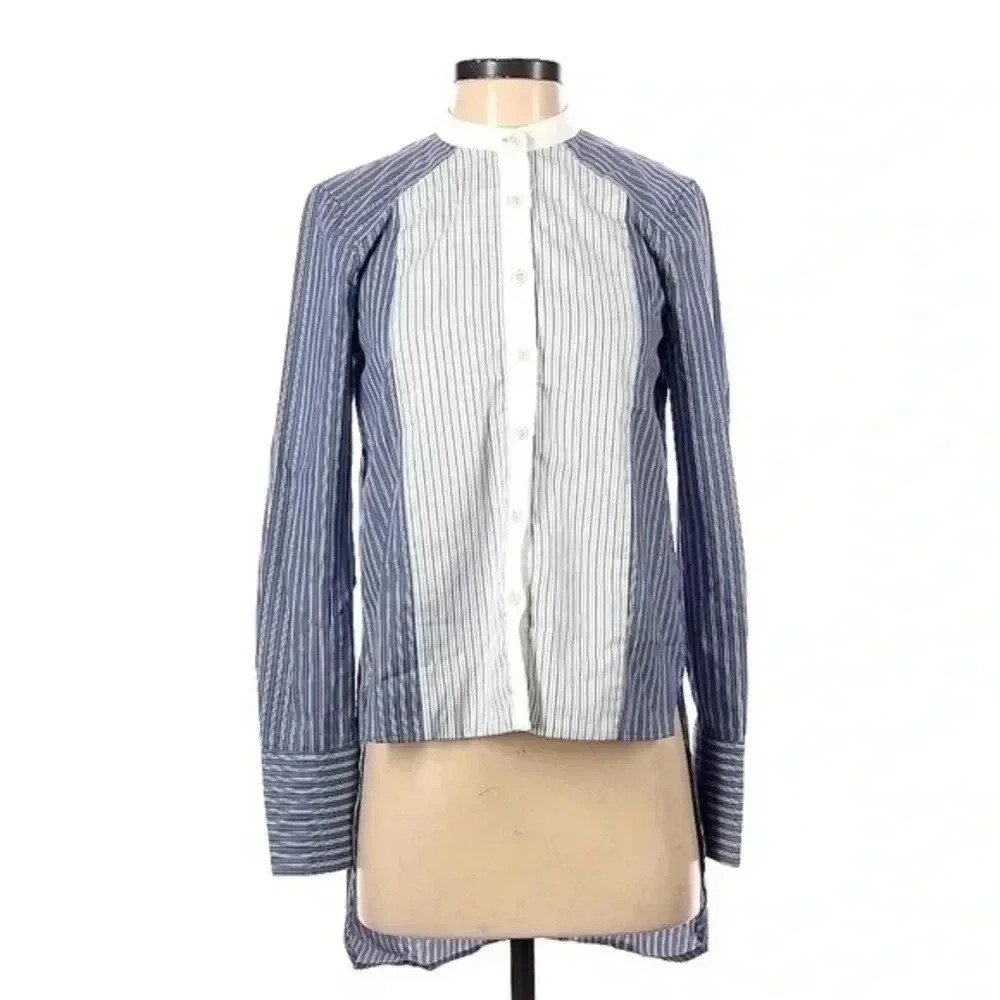 BCBGMAXAZRIA | Blue & White Stripe Button Down Long Sleeve Blouse High Low XXS